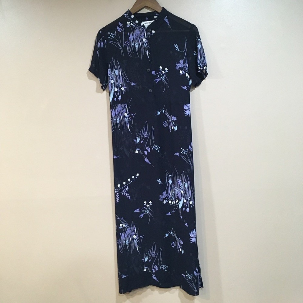 Vintage Karin Stevens Dark Floral Sheer Maxi Dress‎ Womens 8 Navy Purple Cottage